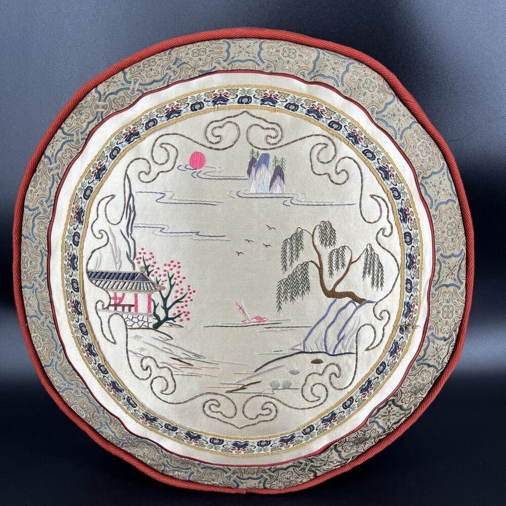 Vintage Asian Chinese Scenic Embroidered Satin Silk Round Pillow Case Cover